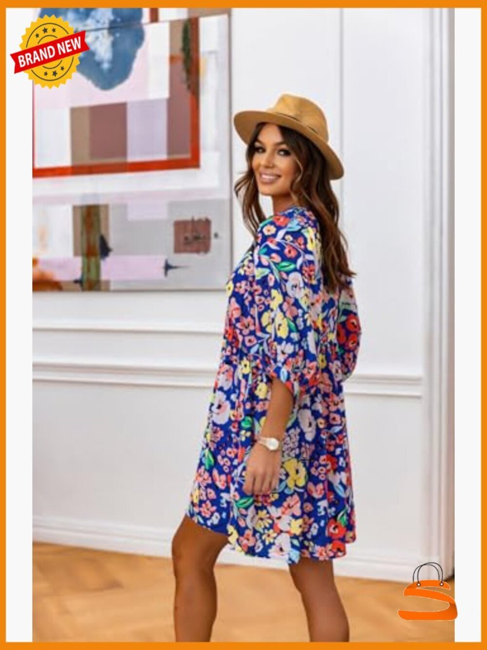 V-Neck Floral Mini Tunic Dress with Puff Sleeves Bohemian - Picture 5 of 7